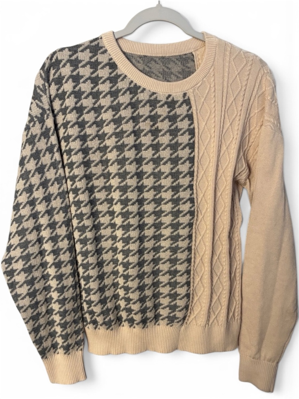 Emery Rose Two-Tone Houndstooth/Cable Crewneck Sweater Cream Gray Relaxed Medium